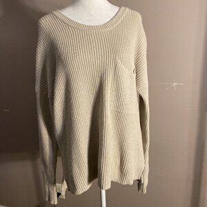 Madewell Crewneck Sweater Beige Fitted Sleeves Front Pocket Side Slits Wms Sz S